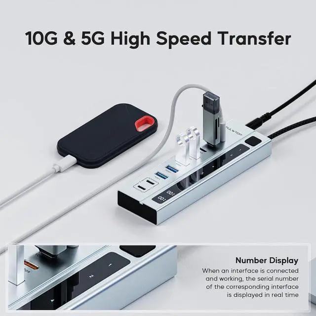 Alt view image 3 of 6 - Powered USB C Hub, USB Hub Powered Support 10Gbps Data PD 45W Charging(Not Support Video) 3ft, 3 USB-C 10Gbps Ports, 4 USB 3.0 5Gbps Ports with 75W Adapter for iMac, MacBook Pro/Air, iPad