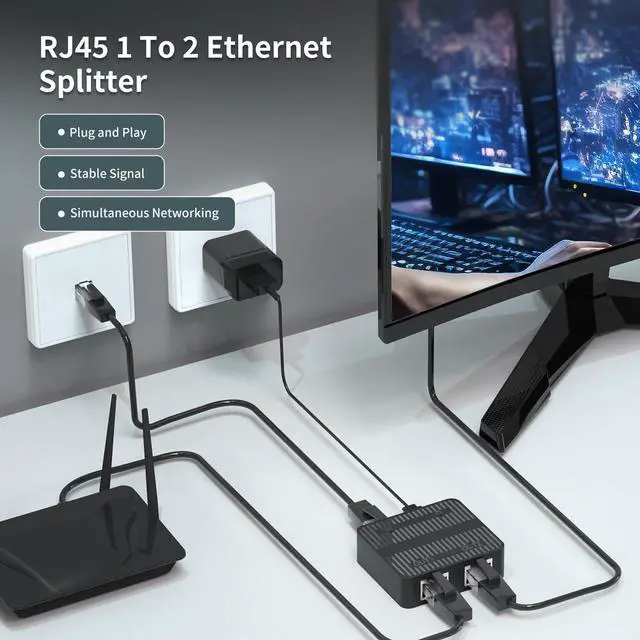 Alt view image 3 of 6 - Gigabit Ethernet Splitter 1 to 2 Devices Simultaneously Networking, 1000Mbps High Speed LAN Splitter with USB-C Power Cable, Network Switch Hub Adapter for RJ45 Cat 5/5e/6/7/8 Cable