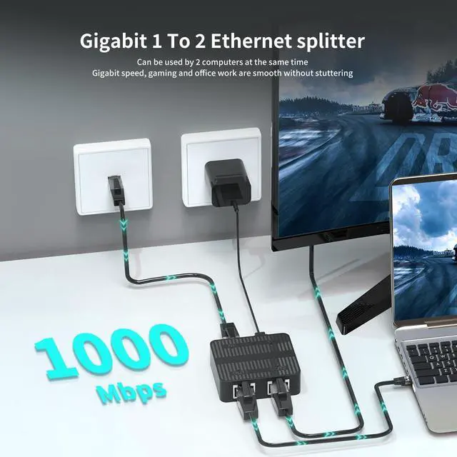 Alt view image 4 of 6 - Gigabit Ethernet Splitter 1 to 2 Devices Simultaneously Networking, 1000Mbps High Speed LAN Splitter with USB-C Power Cable, Network Switch Hub Adapter for RJ45 Cat 5/5e/6/7/8 Cable