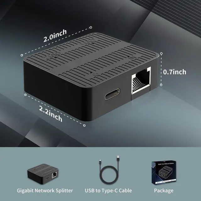 Alt view image 5 of 6 - Gigabit Ethernet Splitter 1 to 2 Devices Simultaneously Networking, 1000Mbps High Speed LAN Splitter with USB-C Power Cable, Network Switch Hub Adapter for RJ45 Cat 5/5e/6/7/8 Cable