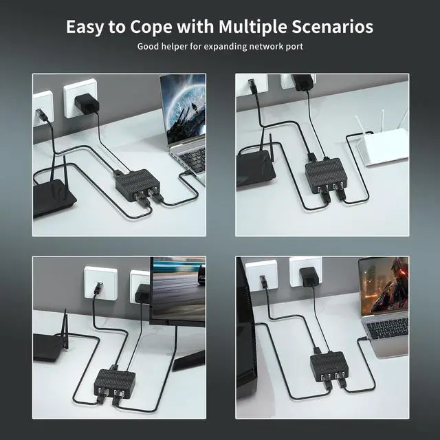 Alt view image 6 of 6 - Gigabit Ethernet Splitter 1 to 2 Devices Simultaneously Networking, 1000Mbps High Speed LAN Splitter with USB-C Power Cable, Network Switch Hub Adapter for RJ45 Cat 5/5e/6/7/8 Cable