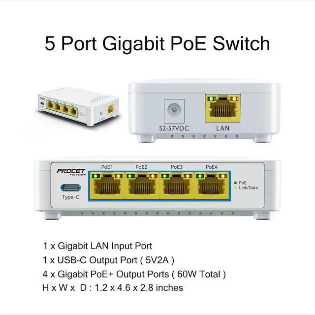 Alt view image 6 of 7 - EN-S4P1C 5 Port PoE Switch - 4 PoE+ Ports & 1 USB-C, Unmanaged Network Switch