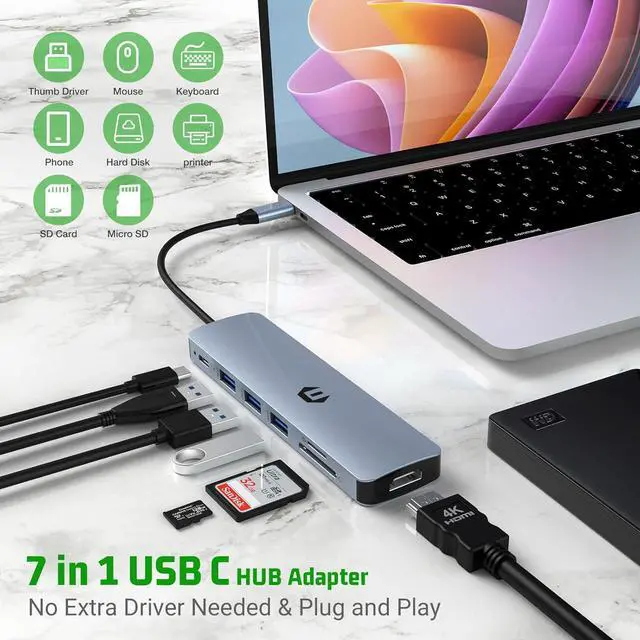 Alt view image 2 of 7 - 7 in 1 USB C Hub, USB C Adapter MacBook Pro/Air Ipad Pro Adapter, Support 4K-HDMI Output, 100W PD, 3 * USB 3.0, TF Card Reader, Compatible for Laptop, Surface Pro 8 and Other Type C Devices