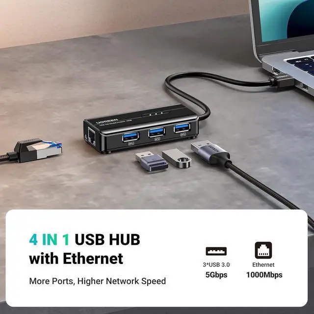 Alt view image 2 of 7 - UGREEN USB 3.0 Hub Ethernet Adapter 10 100 1000 Gigabit Network Converter with 3 USB 3.0 Ports Hub Compatible with Laptop PC Nintendo Switch MacBook Mac Mini Surface XPS Windows Linux macOS, and More
