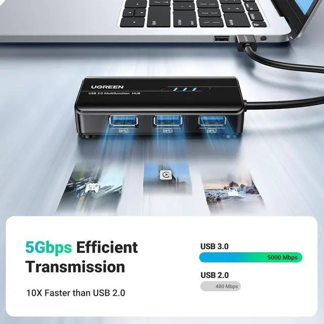 Alt view image 4 of 7 - UGREEN USB 3.0 Hub Ethernet Adapter 10 100 1000 Gigabit Network Converter with 3 USB 3.0 Ports Hub Compatible with Laptop PC Nintendo Switch MacBook Mac Mini Surface XPS Windows Linux macOS, and More