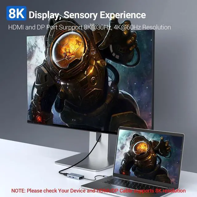 Alt view image 6 of 7 - USB C Hub, Tymyp 4 in 1 USB C Hub, Dual Display 8K@30Hz HDMI 8K@30Hz DP, USB 3.0, 100W USB-C PD Charging Port, 4 Port Docking Station for Laptops, HDTVs, Projectors, and More Type C Devices