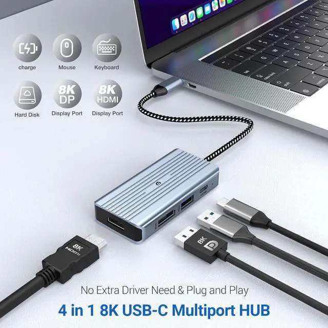 Alt view image 7 of 7 - USB C Hub, Tymyp 4 in 1 USB C Hub, Dual Display 8K@30Hz HDMI 8K@30Hz DP, USB 3.0, 100W USB-C PD Charging Port, 4 Port Docking Station for Laptops, HDTVs, Projectors, and More Type C Devices
