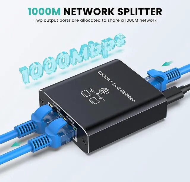 Alt view image 2 of 7 - Ethernet Splitter 1 to 2 High Speed 1000Mbps, Gigabit RJ45 Internet Ethernet Switch, Network LAN Splitter with USB Power Cable for Cat 5/5e/6/7/8 Cable [2 Devices Networked Simultaneously]