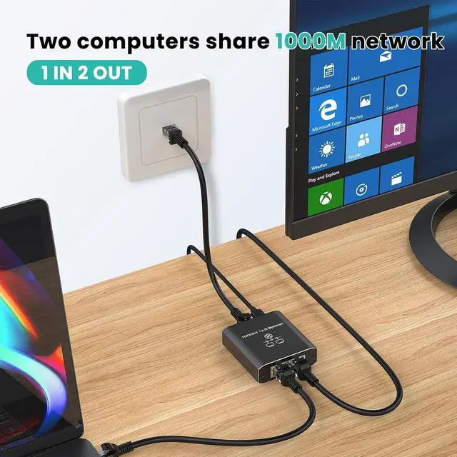 Alt view image 5 of 7 - Ethernet Splitter 1 to 2 High Speed 1000Mbps, Gigabit RJ45 Internet Ethernet Switch, Network LAN Splitter with USB Power Cable for Cat 5/5e/6/7/8 Cable [2 Devices Networked Simultaneously]