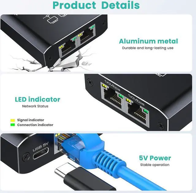 Alt view image 4 of 7 - Ethernet Splitter 1 to 2 High Speed 1000Mbps, Gigabit RJ45 Internet Ethernet Switch, Network LAN Splitter with USB Power Cable for Cat 5/5e/6/7/8 Cable [2 Devices Networked Simultaneously]