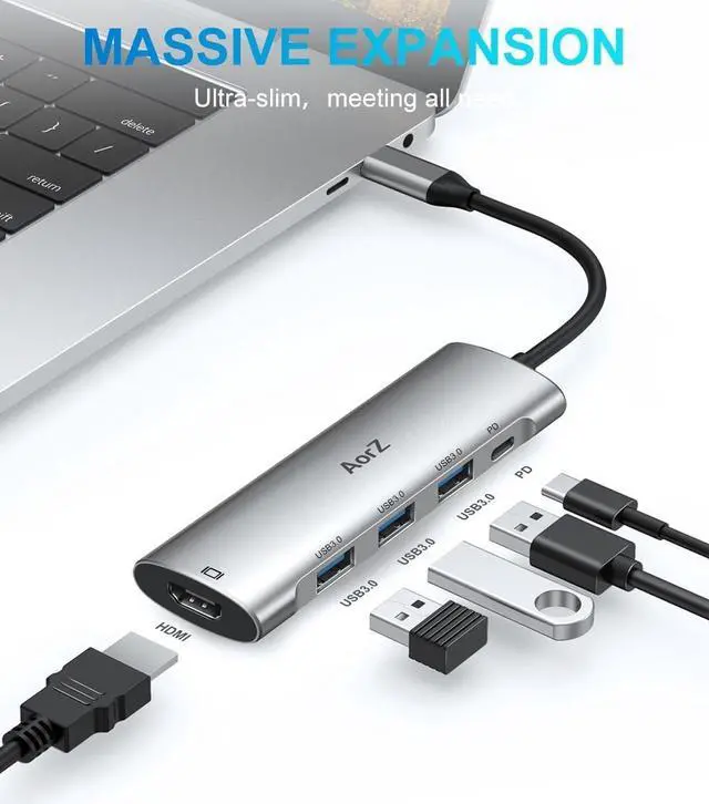 Alt view image 2 of 7 - USB C Hub,USB C Hub Multiport Adapter 4K@60Hz AorZ 5 in 1 USB C to Hdmi Adapter with 1 * 4K HDMI Output, 3*USB 3.0 Ports,1*PD, Adapter for MacBook,Steam Deck and Most Type C Devices
