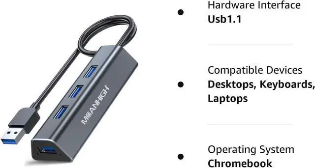 Alt view image 7 of 7 - MEANHIGH USB 3.0 Hub 4-Port USB A Splitter Ultra-Slim USB Data Hub Portable USB Port Expander, Charging Supported, Mini Size for Laptop, MacBook, Chromebook Surface Pro, PC, Flash Drive, Mobile HDD
