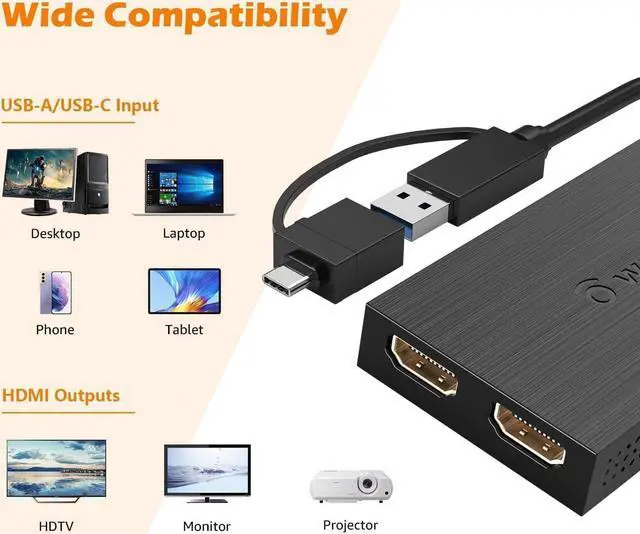 Alt view image 5 of 7 - HDMI Splitter Extended Display for Dual Monitor USB A or USB-C to Dual HDMI Adapter Multi-Monitor Display 3 Separate Screens for Windows and macOS 4K30Hz 1080p@60Hz