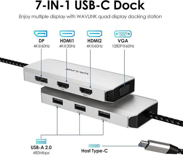 Alt view image 2 of 7 - USB-C Dual HDMI Adapter 4K@60Hz, 7-in-1 Laptop Docking Station with 2xHDMI, 1xDisplayPort, VGA, USB-C HDMI Splitter for 4 Displays, 3xUSB 2.0, Multiple Monitor Hub for MacBook//HP/Lenovo