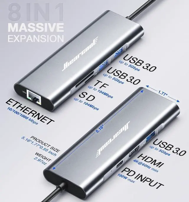 Alt view image 5 of 7 - Hiearcool USB C Hub Ethernet,4K@60 USB C to HDMI Hub,8in1 Multi-Port USB C Adapter Type C Dock Dongle Compatible for MacBook Pro Air iPad Dell Lenovo