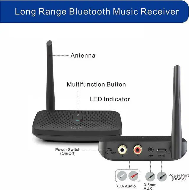 Alt view image 2 of 7 - Besign BE-RCA Pro Long Range Bluetooth Adapter for Bluetooth Music Streaming, Black