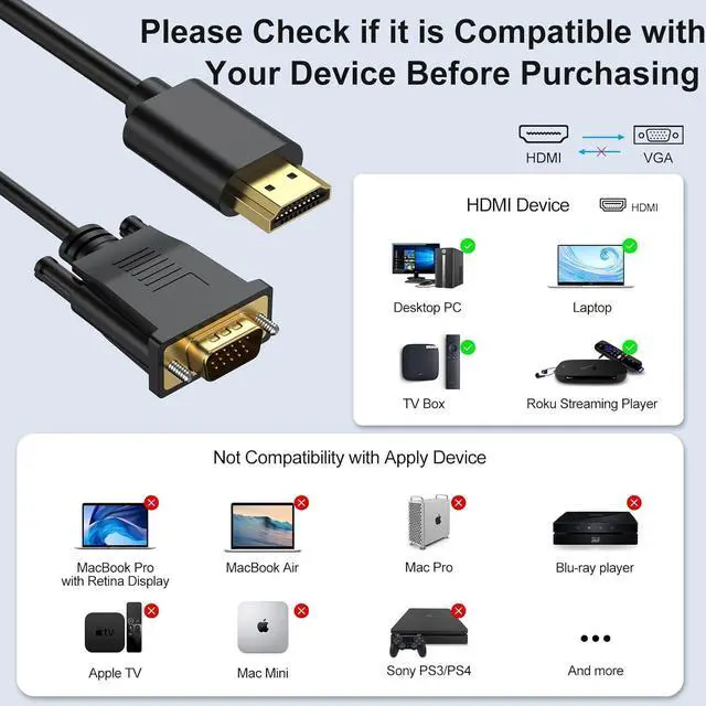 Alt view image 3 of 7 - HDMI to VGA Cable 6 Feet Computer HDMI to VGA Monitor Cable HD 1080P Video Cord Compatible for Computer Desktop Laptop PC Monitor Projector HDTV and More-NOT Bidirectional