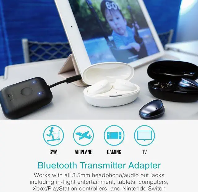 Alt view image 3 of 7 - MEE Audio Connect Air in-Flight Bluetooth Wireless Audio Transmitter Adapter for up to 2 AirPods/Other Headphones; Works with All 3.5mm Aux Jacks on Airplanes, Gym Equipment, TVs, & Gaming Consoles