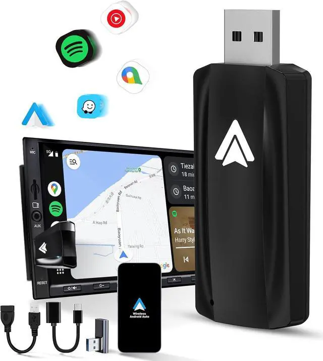 Main image of Android Auto Wireless Adapter for Car Android auto Small Car Dongle for OEM Wired Car Model 2017+ Play Plug USB C to A, USB A Extension Cable, 90 Degree USB A Adapter, 3 Adapters, U2A-AIR