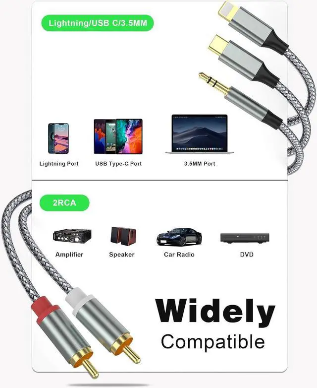 Alt view image 2 of 6 - Lightning to RCA Cable Audio Aux Adapter RCA to 3.5mm CableUSB C to 2 RCA Audio Cable (3 in 1 Audio Cable) for Power Amplifier Car Home Theater Speaker and More(Lightning Compatible)