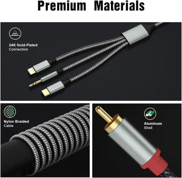 Alt view image 4 of 6 - Lightning to RCA Cable Audio Aux Adapter RCA to 3.5mm CableUSB C to 2 RCA Audio Cable (3 in 1 Audio Cable) for Power Amplifier Car Home Theater Speaker and More(Lightning Compatible)