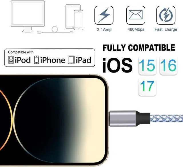 Alt view image 7 of 7 - iPhone Charger 3pack 6ft MFi Certified Best New Nylon Braided Lightning Cable Cell Phone Fast Charger Cord Compatible with iPhone14/13/12/11Pro Max/XS/XR/X/8/7/6/5/SE/iPad More