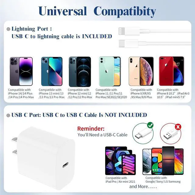 Alt view image 7 of 7 - 20W USB C Fast Charger [MFi-Certified] Compatible with iPhone 14/13/ 12/11/ XS/XR/X/ 8 /iPad 2Pack PD Type C Charger Blocks with 6FT Type-C to Lightning Cables