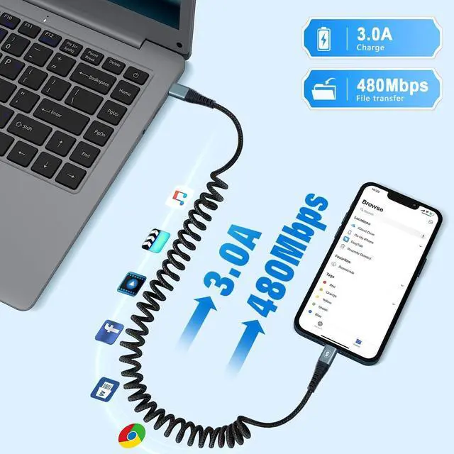 Alt view image 3 of 7 - Coiled USB-C to Lightning Cable Nylon Braided 6FT [ MFi Certified] Retractable iPhone Charger Fast Charging Compatible with iPhone14/13/12/11 Pro Max/XS MAX/XR/XS/X/8/7/Plus/iPad