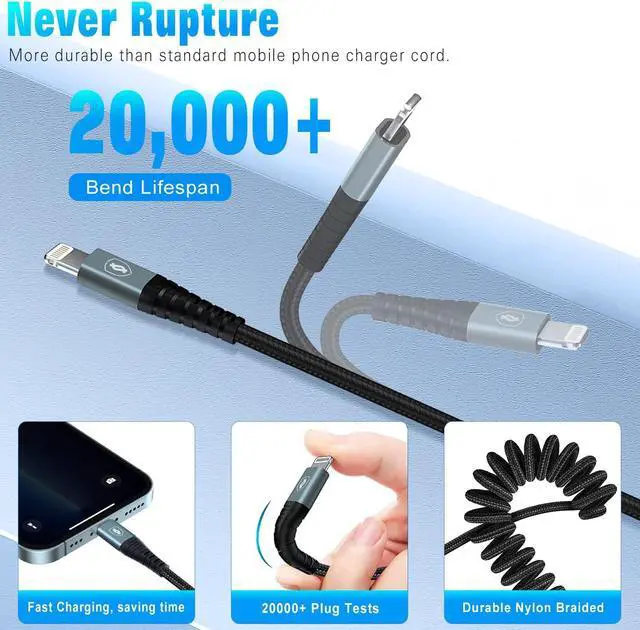 Alt view image 5 of 7 - Coiled USB-C to Lightning Cable Nylon Braided 6FT [ MFi Certified] Retractable iPhone Charger Fast Charging Compatible with iPhone14/13/12/11 Pro Max/XS MAX/XR/XS/X/8/7/Plus/iPad