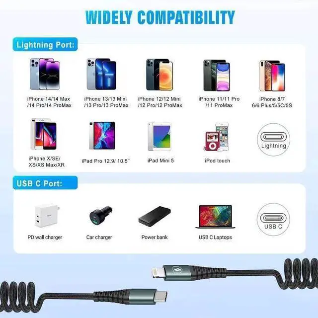Alt view image 7 of 7 - Coiled USB-C to Lightning Cable Nylon Braided 6FT [ MFi Certified] Retractable iPhone Charger Fast Charging Compatible with iPhone14/13/12/11 Pro Max/XS MAX/XR/XS/X/8/7/Plus/iPad