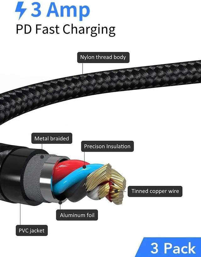 Alt view image 3 of 7 - 6 inch USB C to Lightning Cable Short 3Pack USB C iPhone Charger Cord Braided 0.5FT Type C to Lightning Cable PD Fast Charging for  iPhone 14 13 12 11 Pro Max Mini 10 8 7 Plus XR XS SE AirPods