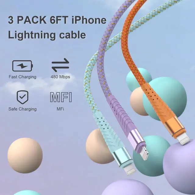 Alt view image 2 of 7 - iPhone Charger Fast Charging Lightning Cable 6FT 3Pack[ MFi Certified] Long iPhone Charger Cord Nylon Braided USB Cable Compatible with iPhone 14/13/12 Pro Max/12Pro/11