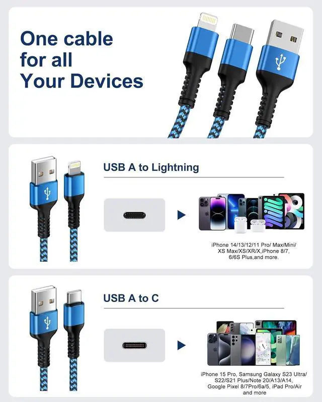 Alt view image 7 of 7 - Multi Charging Cable USB to USB C and Lightning Cable 4ft Braided 2 in 1 Fast USB Cable with Type C/Lighting Port for iPhone 16 Pro Max 15 14 13 iPad Multiple Phone Charger Cord-Not Support CarPlay