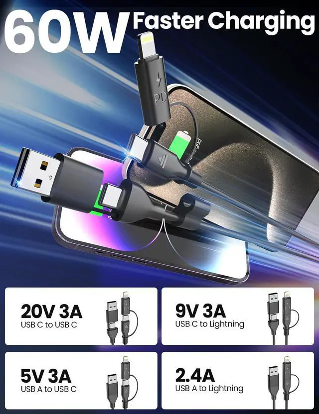 Alt view image 3 of 7 - Coiled USB-C and Lightning Cable 2-in-1 3FT iPhone 15 16 Car Charger Cord 60W Fast Charging Cable for iPhone 16  Galaxy Supports  CarPlay & Android Auto (Black)