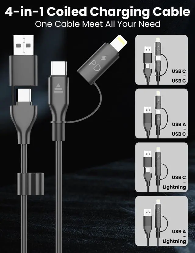 Alt view image 2 of 7 - Coiled USB-C and Lightning Cable 2-in-1 3FT iPhone 15 16 Car Charger Cord 60W Fast Charging Cable for iPhone 16  Galaxy Supports  CarPlay & Android Auto (Black)