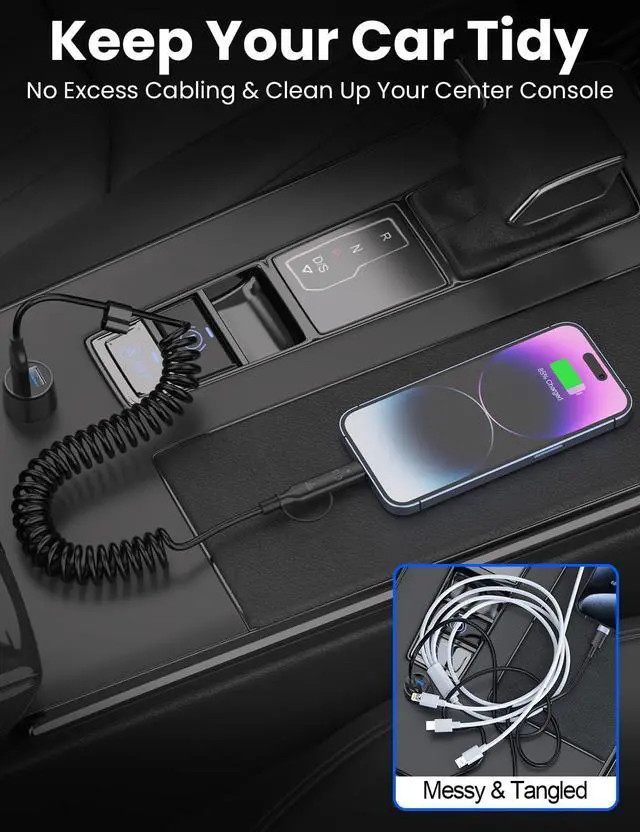 Alt view image 5 of 7 - Coiled USB-C and Lightning Cable 2-in-1 3FT iPhone 15 16 Car Charger Cord 60W Fast Charging Cable for iPhone 16  Galaxy Supports  CarPlay & Android Auto (Black)