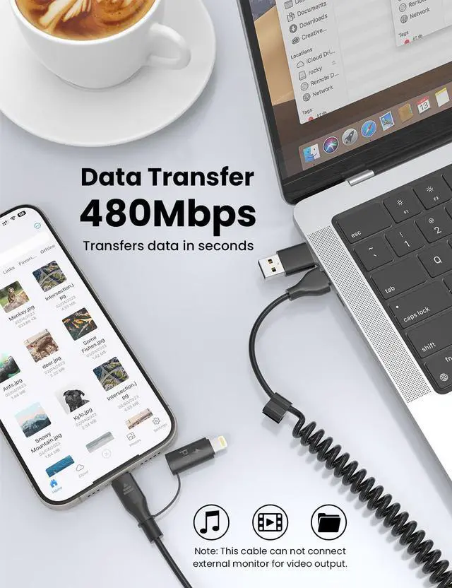 Alt view image 6 of 7 - Coiled USB-C and Lightning Cable 2-in-1 3FT iPhone 15 16 Car Charger Cord 60W Fast Charging Cable for iPhone 16  Galaxy Supports  CarPlay & Android Auto (Black)