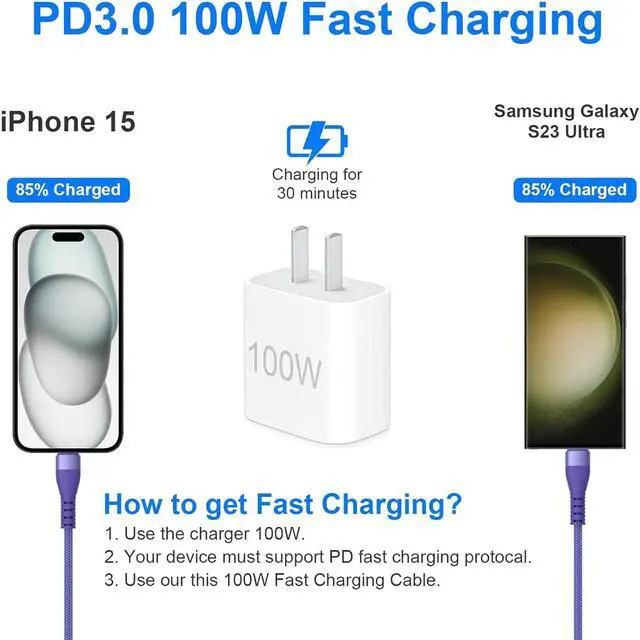 Alt view image 3 of 7 - 100W USB C to Multi Charging Cable - 10FT USB A/USB C to Lightning/Type C/Micro 3 in 1 Nylon Universal Fast Charging Cord for iPhone 15  Laptop iPad Tablet Android USB-C Sync Data