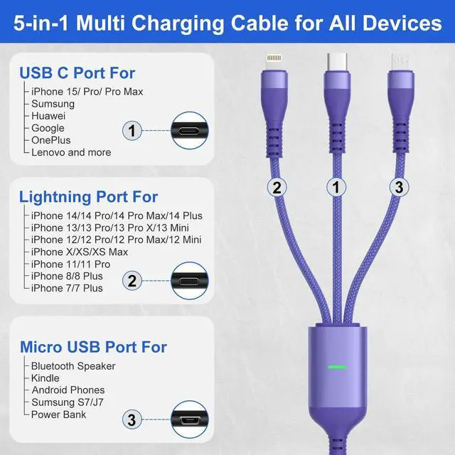 Alt view image 6 of 7 - 100W USB C to Multi Charging Cable - 10FT USB A/USB C to Lightning/Type C/Micro 3 in 1 Nylon Universal Fast Charging Cord for iPhone 15  Laptop iPad Tablet Android USB-C Sync Data