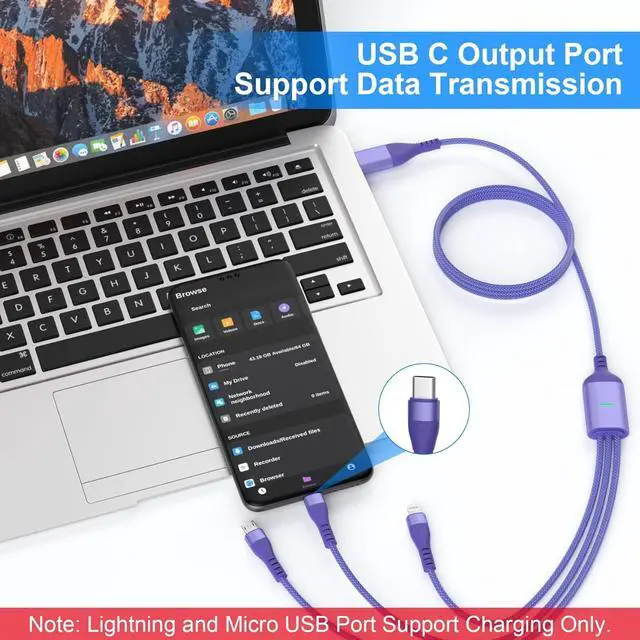 Alt view image 4 of 7 - 100W USB C to Multi Charging Cable - 10FT USB A/USB C to Lightning/Type C/Micro 3 in 1 Nylon Universal Fast Charging Cord for iPhone 15  Laptop iPad Tablet Android USB-C Sync Data