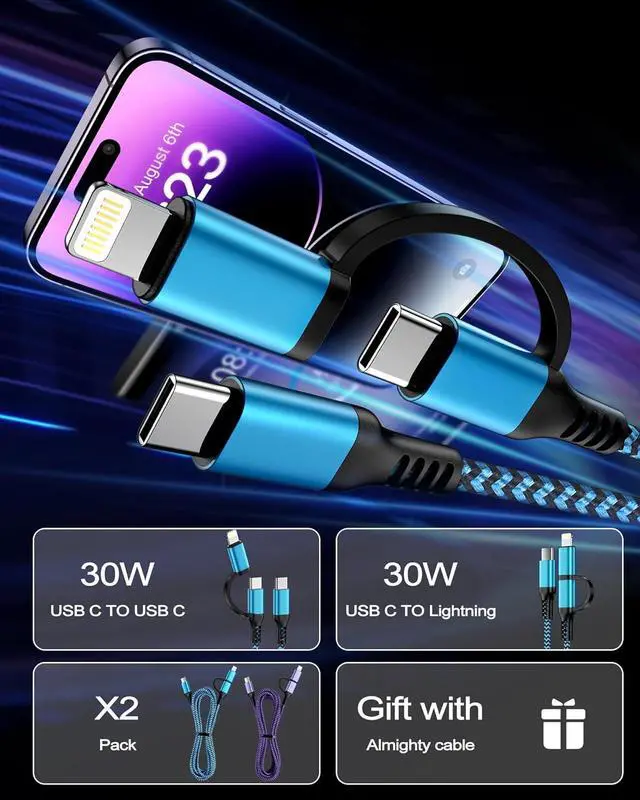 Alt view image 2 of 7 - USB C Multi Charging Cable, USB-C to Lightning/Type C Cord Fast Charging Data Wire 2 in 1, [2Pcs/6FT] Braided Android & iPhone Cord USBC for iPhone 16 15 Pro Max 14 13 12 11, iPad, Galaxy, Pixel, Moto