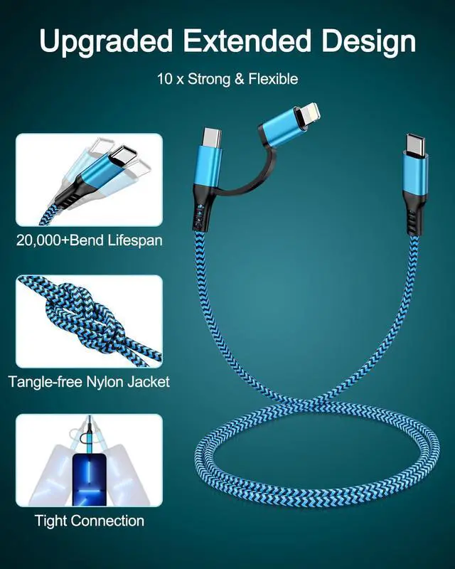 Alt view image 4 of 7 - USB C to Lightning&USB C Cable [2-in-1/6ft] USB C Multi Charging with  Lightning/Type C Port iPhone Charger Cord Fast Charging for iPhone 15 14 13 12 11 Pro Max Mini iPad iPod  Google