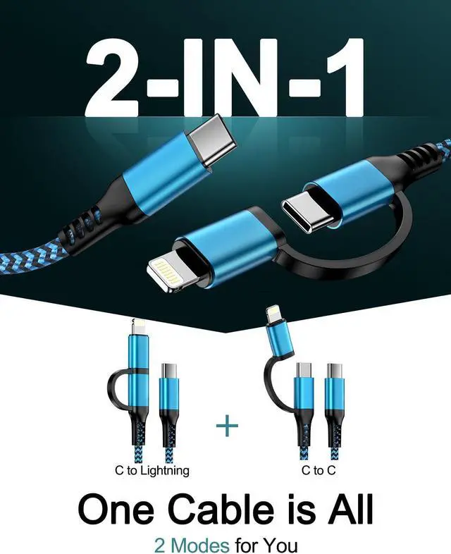 Alt view image 2 of 7 - USB C to Lightning&USB C Cable [2-in-1/6ft] USB C Multi Charging with  Lightning/Type C Port iPhone Charger Cord Fast Charging for iPhone 15 14 13 12 11 Pro Max Mini iPad iPod  Google