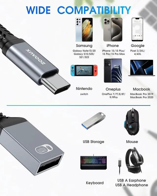 Alt view image 2 of 7 - USB C to USB OTG Adapter and Charger Cable 2 in 1 USB-C Splitter with 60W PD Charging Type C OTG and USB A Female Port for Chromecast Google TV iPad Pro Samsung iPhone 16 15 Pixel LG