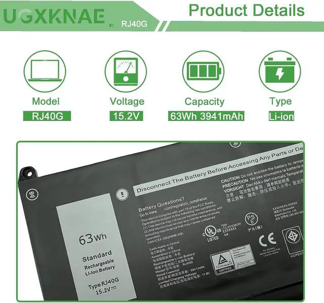 Alt view image 2 of 7 - RJ40G Laptop Battery Replacement for Dell Latitude 15 5520 Latitude 14 5420 Precision 15 3560 Series WY9DX P104F P104F001 P137G P137G001 P104F002 075X16 01K2CF 0WK3F1 0M3KCN 005R42 63Wh