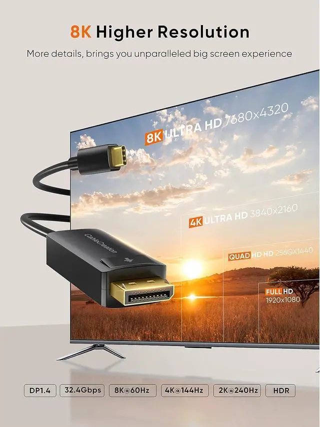 Alt view image 3 of 7 - CableCreation 8K USB C to DisplayPort 1.4 Cable 6FT (8K@60Hz 4K@144Hz 2K@240Hz HDR) Type-C (Thunderbolt 3/4) to DP Cable 32.4Gbps Compatible with iPhone 16 15 Pro Max MacBook Pro/Air iPad XPS Galaxy