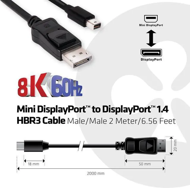 Alt view image 2 of 7 - Club 3D CAC-1115 VESA Certified Mini DisplayPort to DisplayPort Bi-Directional 1.4/Hbr3 M/M Cable DP 1.4 8K 60Hz 2m- 6,56Ft
