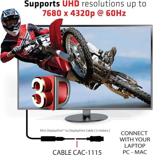 Alt view image 4 of 7 - Club 3D CAC-1115 VESA Certified Mini DisplayPort to DisplayPort Bi-Directional 1.4/Hbr3 M/M Cable DP 1.4 8K 60Hz 2m- 6,56Ft