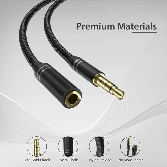 Alt view image 5 of 7 - 2 Pack 3.5mm Headphone Extension Cable (4Ft/1.2M) 4 Pole Hi-Fi Stereo Sound Audio Cable Nylon Braided Male to Female AUX Cord Auxiliary Extender for All 3.5 mm Enabled Devices - Black