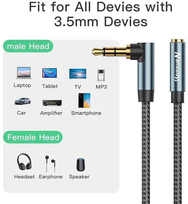 Alt view image 3 of 7 - 3.5mm Headphone Extension Cable 6FT Right Angle 3.5mm Male to Female Stereo Audio Extension Cable/90 Degree Right Angle Aux Cable for Smartphones Tablets Media Players